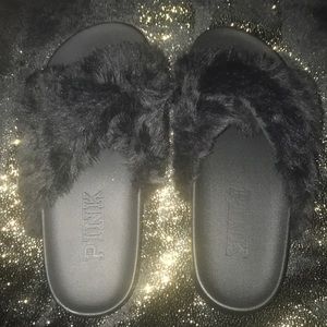 Pink black fur sandals